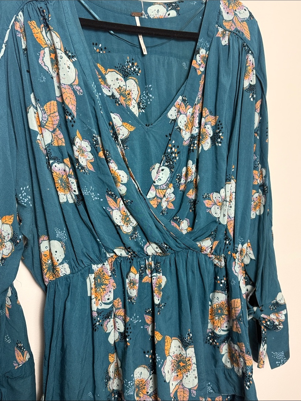 Free People Tuscan Dreams Floral Tunic Mini Dress Teal Blue Faux Wrap - Picture 7 of 11